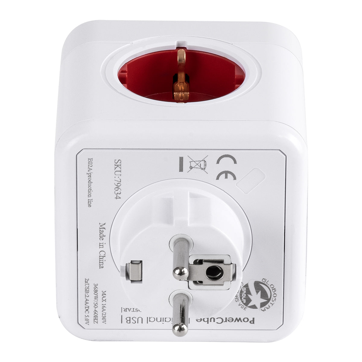 GloboStar® TRAVEL PowerCube PRO Certified 79634 Πολύπριζο 6 Θέσεων με 4 Πρίζες Ασφαλείας Childproof EU Schuko AC 220-240V & 2 Πρίζες USB Max 2.1A/DC 5V Μ7.5 x Π11.5 x Υ7.5 - Λευκό με Κόκκινο - Max Load 3680W/16A - ledmania.gr