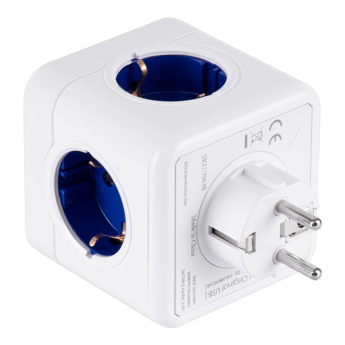 GloboStar® TRAVEL PowerCube PRO Certified 79638 Πολύπριζο 6 Θέσεων με 4 Πρίζες Ασφαλείας Childproof EU Schuko AC 220-240V & 2 Πρίζες USB Max 2.1A/DC 5V Μ7.5 x Π11.5 x Υ7.5 - Λευκό με Μπλε - Max Load 3680W/16A - ledmania.gr