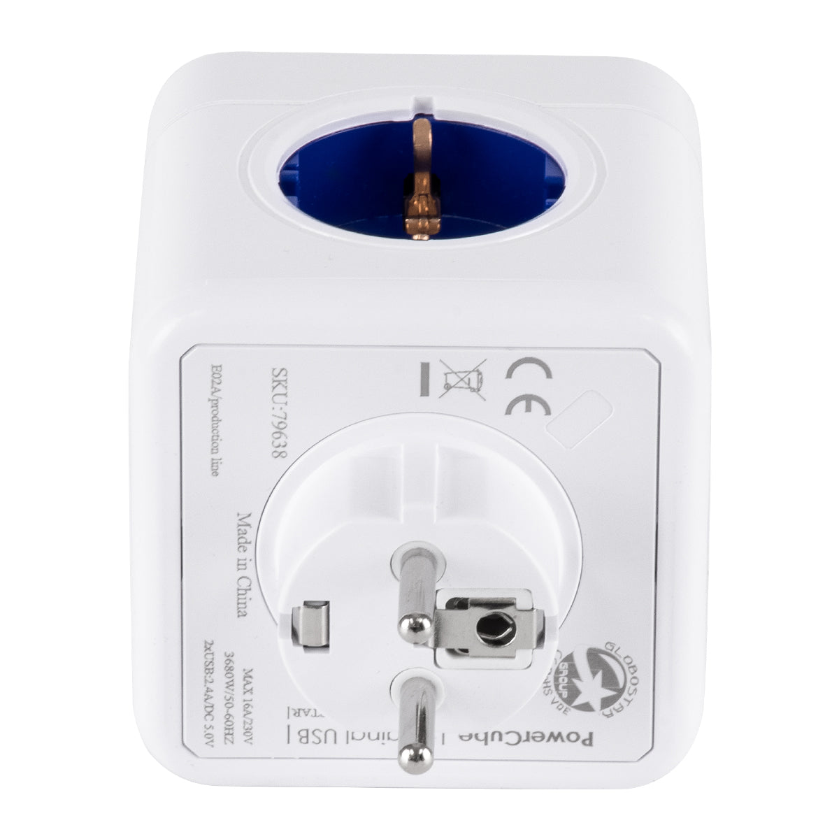GloboStar® TRAVEL PowerCube PRO Certified 79638 Πολύπριζο 6 Θέσεων με 4 Πρίζες Ασφαλείας Childproof EU Schuko AC 220-240V & 2 Πρίζες USB Max 2.1A/DC 5V Μ7.5 x Π11.5 x Υ7.5 - Λευκό με Μπλε - Max Load 3680W/16A - ledmania.gr