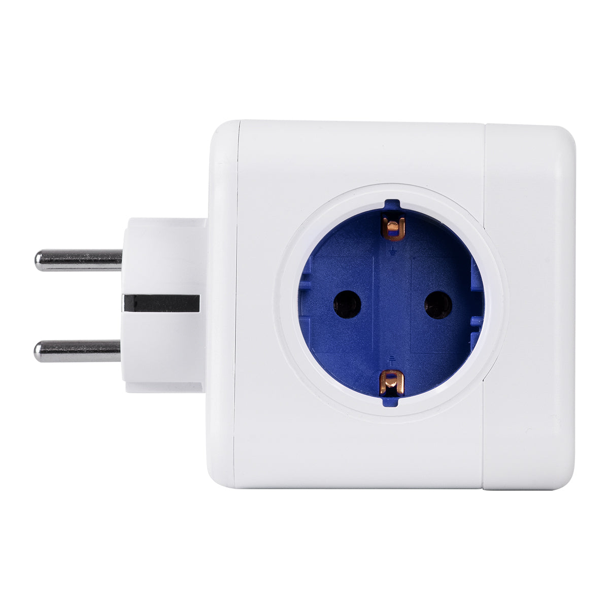 GloboStar® TRAVEL PowerCube PRO Certified 79638 Πολύπριζο 6 Θέσεων με 4 Πρίζες Ασφαλείας Childproof EU Schuko AC 220-240V & 2 Πρίζες USB Max 2.1A/DC 5V Μ7.5 x Π11.5 x Υ7.5 - Λευκό με Μπλε - Max Load 3680W/16A - ledmania.gr