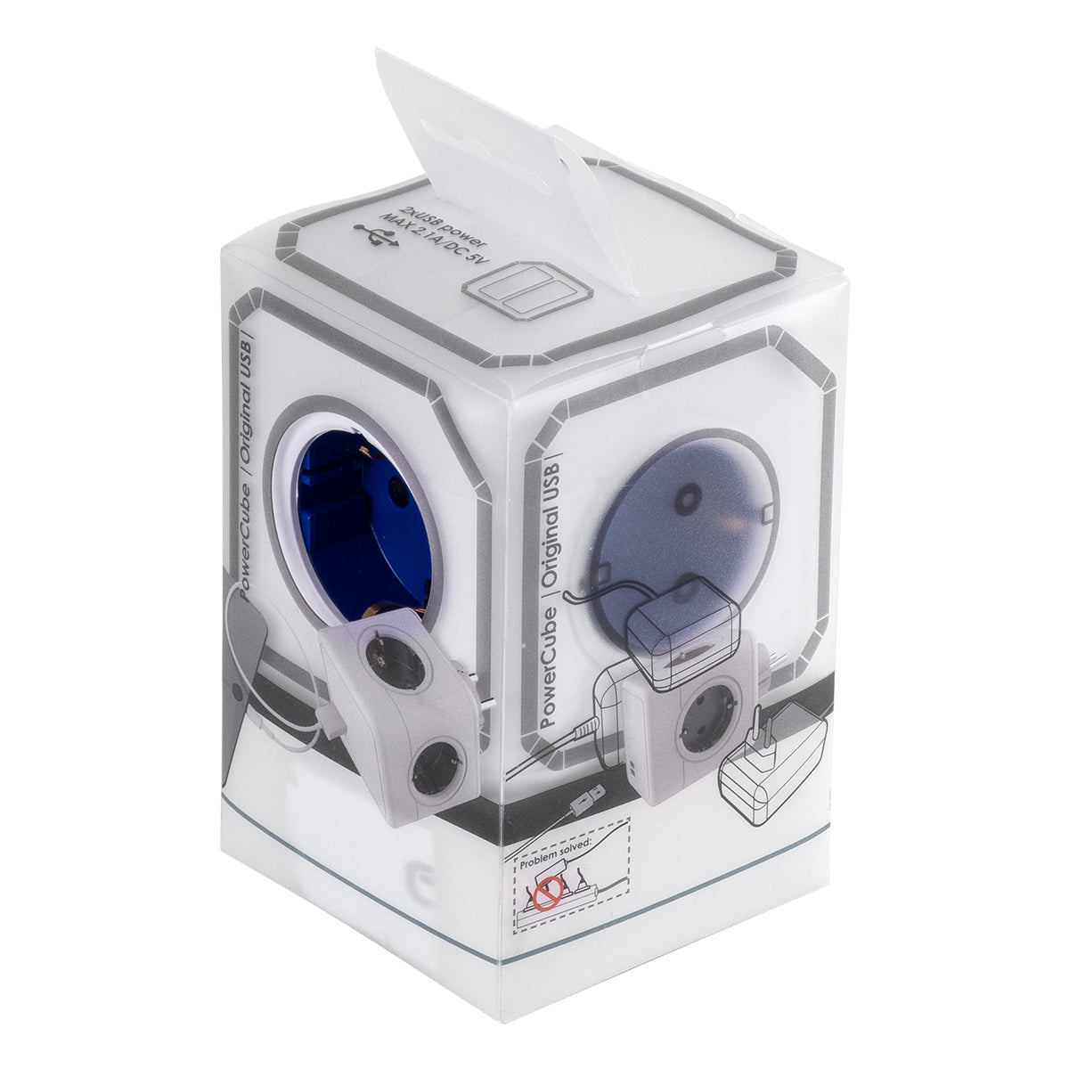 GloboStar® TRAVEL PowerCube PRO Certified 79638 Πολύπριζο 6 Θέσεων με 4 Πρίζες Ασφαλείας Childproof EU Schuko AC 220-240V & 2 Πρίζες USB Max 2.1A/DC 5V Μ7.5 x Π11.5 x Υ7.5 - Λευκό με Μπλε - Max Load 3680W/16A - ledmania.gr