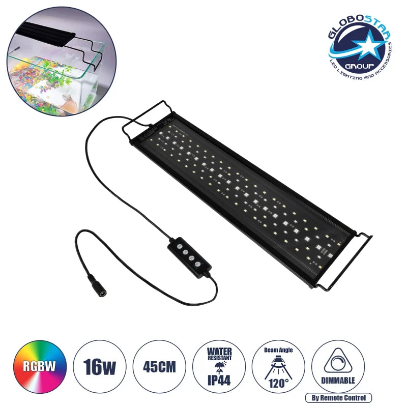 GLOBOSTAR® AQUARIUS 79679 Φωτιστικό Ενυδρείου με Ενσωματωμένο Χειριστήριο LED 16W 800lm 120° AC 220-240V Αδιάβροχο IP44 Πολύχρωμο RGBW Dimmable - Sanan SMD Chip - Μαύρο - Μ45 x Π11 x Υ3cm - 2 Χρόνια Εγγύηση - ledmania.gr