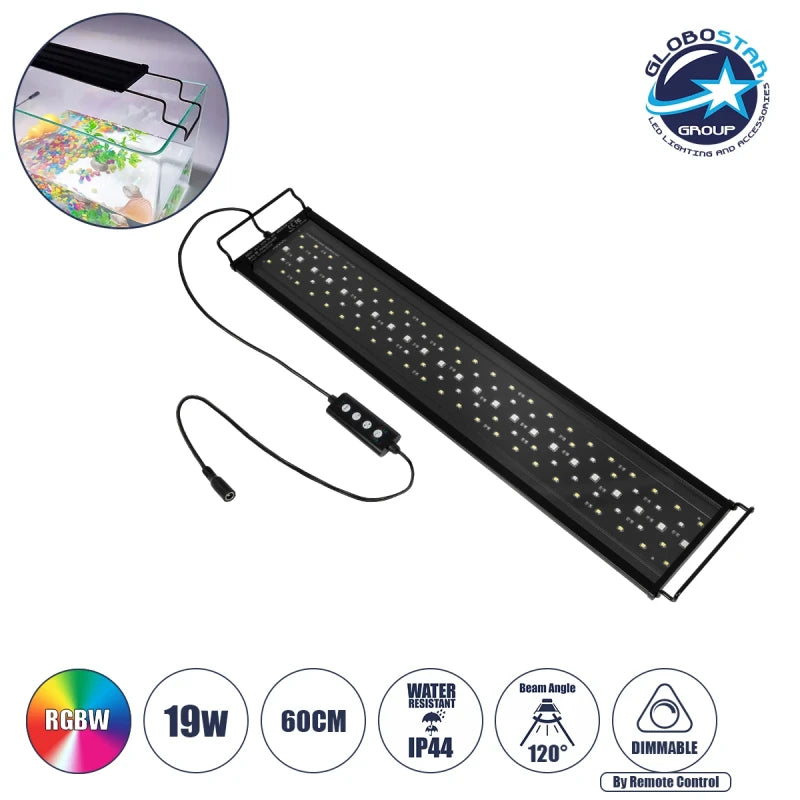 GLOBOSTAR® AQUARIUS 79680 Φωτιστικό Ενυδρείου με Ενσωματωμένο Χειριστήριο LED 19W 950lm 120° AC 220-240V Αδιάβροχο IP44 Πολύχρωμο RGBW Dimmable - Sanan SMD Chip - Μαύρο - Μ60 x Π11 x Υ3cm - 2 Χρόνια Εγγύηση - ledmania.gr