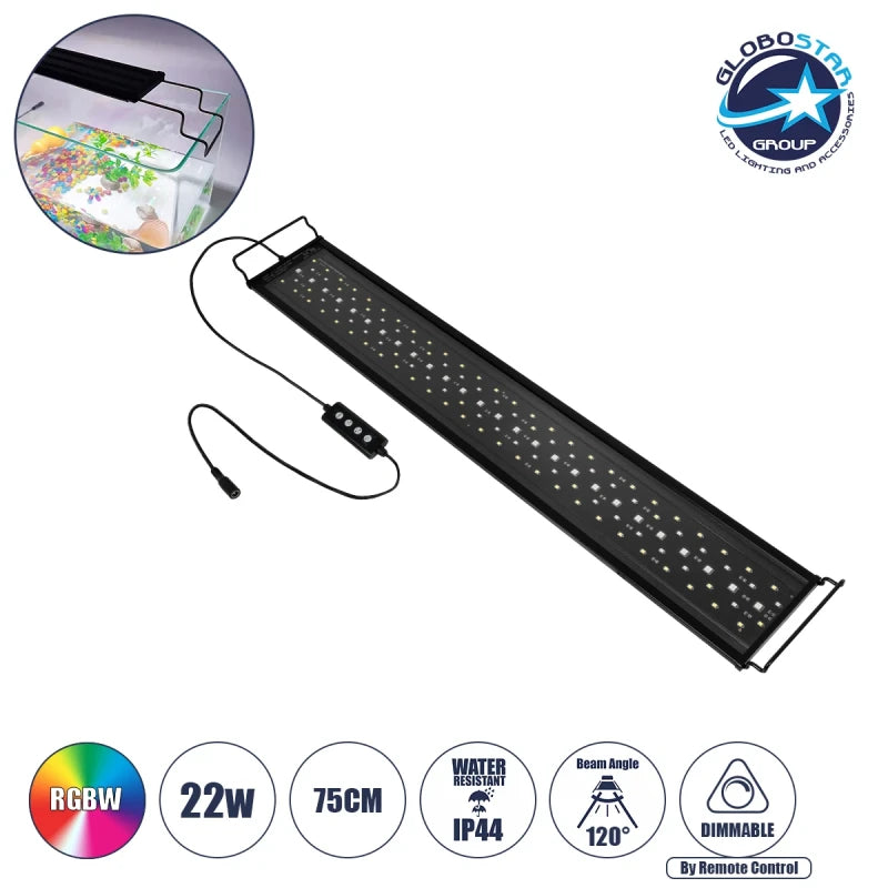 GLOBOSTAR® AQUARIUS 79681 Φωτιστικό Ενυδρείου με Ενσωματωμένο Χειριστήριο LED 22W 1100lm 120° AC 220-240V Αδιάβροχο IP44 Πολύχρωμο RGBW Dimmable - Sanan SMD Chip - Μαύρο - Μ75 x Π11 x Υ3cm - 2 Χρόνια Εγγύηση - ledmania.gr