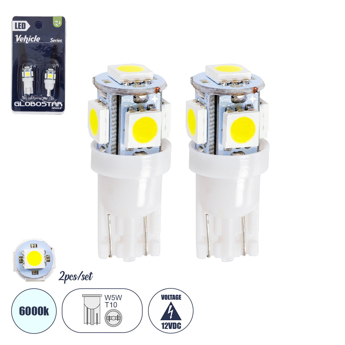 GloboStar® T10 W5W 81050-B Λάμπες Αυτοκινήτου LED T10 5xSMD5050 2W 300lm 360° DC 12-16V IP20 Φ1.1 x Υ2.8cm Ψυχρό Λευκό 6000K - Σετ 2 Τεμαχίων σε Blister - ledmania.gr