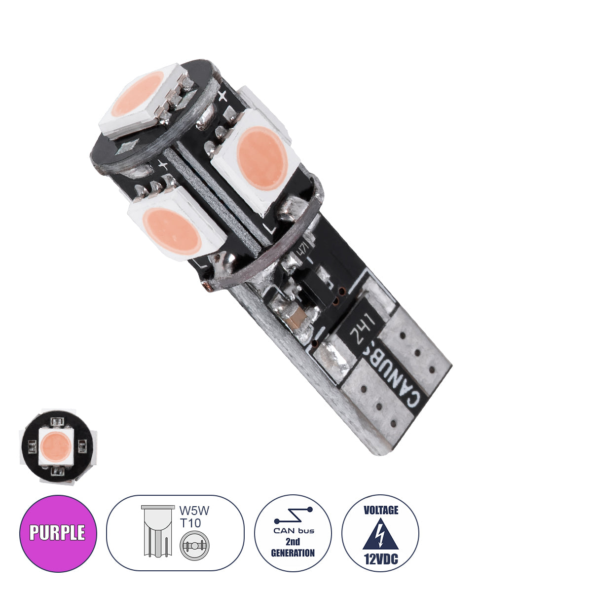 GloboStar® 81095 Λάμπα Αυτοκίνητου LED T10 W5W 2rd Generation Can-Bus Series 5xSMD5050 2.30W 240lm 360° DC 12-16V IP20 Φ1.1 x Υ2.7cm Ροζ - ledmania.gr