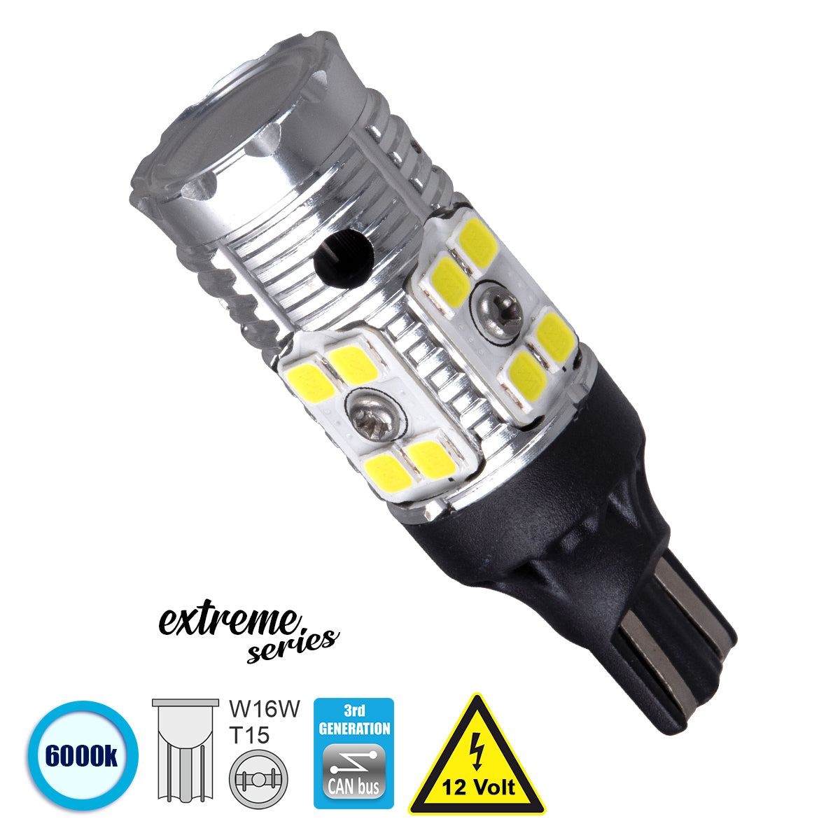 GloboStar® 81131 Λάμπα Αυτοκίνητου T15 - W16W 3rd Generation Can-Bus Extreme Series LED 16 SMD 3030 13W 1950lm 360° DC 12V IP20 Ψυχρό Λευκό 6000K - ledmania.gr