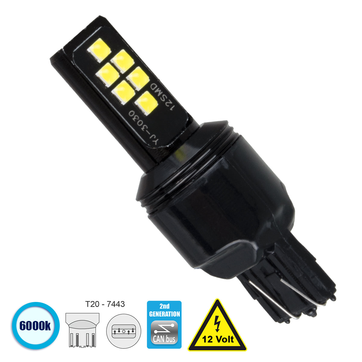 GLOBOSTAR® W21W/5W-T20 81159 Λάμπα W21W T20 7443 CANbus LED 8W 1200lm 360° DC 12V IP20 Ψυχρό Λευκό 6000K - 12 x Epistar SMD3030 Chip - Μ2 x Π2 x Υ6cm - 1 Χρόνο Εγγύηση - ledmania.gr