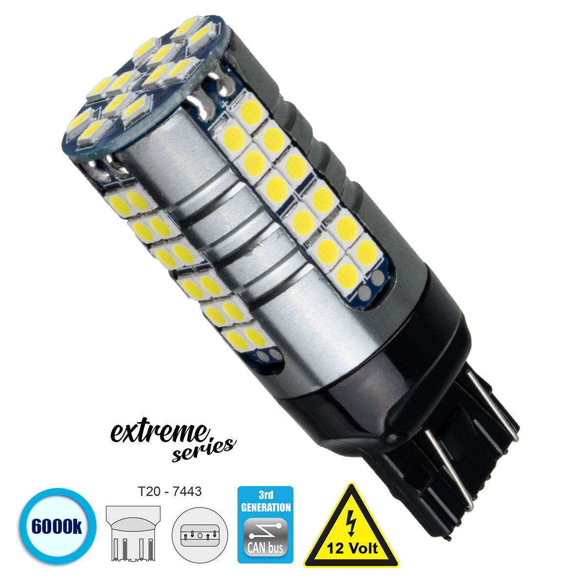GLOBOSTAR® W21W/5W-T20 81163 Λάμπα W21W T20 7443 CANbus LED 19W 2100lm 360° DC 12V IP20 Ψυχρό Λευκό 6000K - 66 x Epistar SMD3030 Chip - Μ2.1 x Π2.1 x Υ5.8cm - 1 Χρόνο Εγγύηση - ledmania.gr