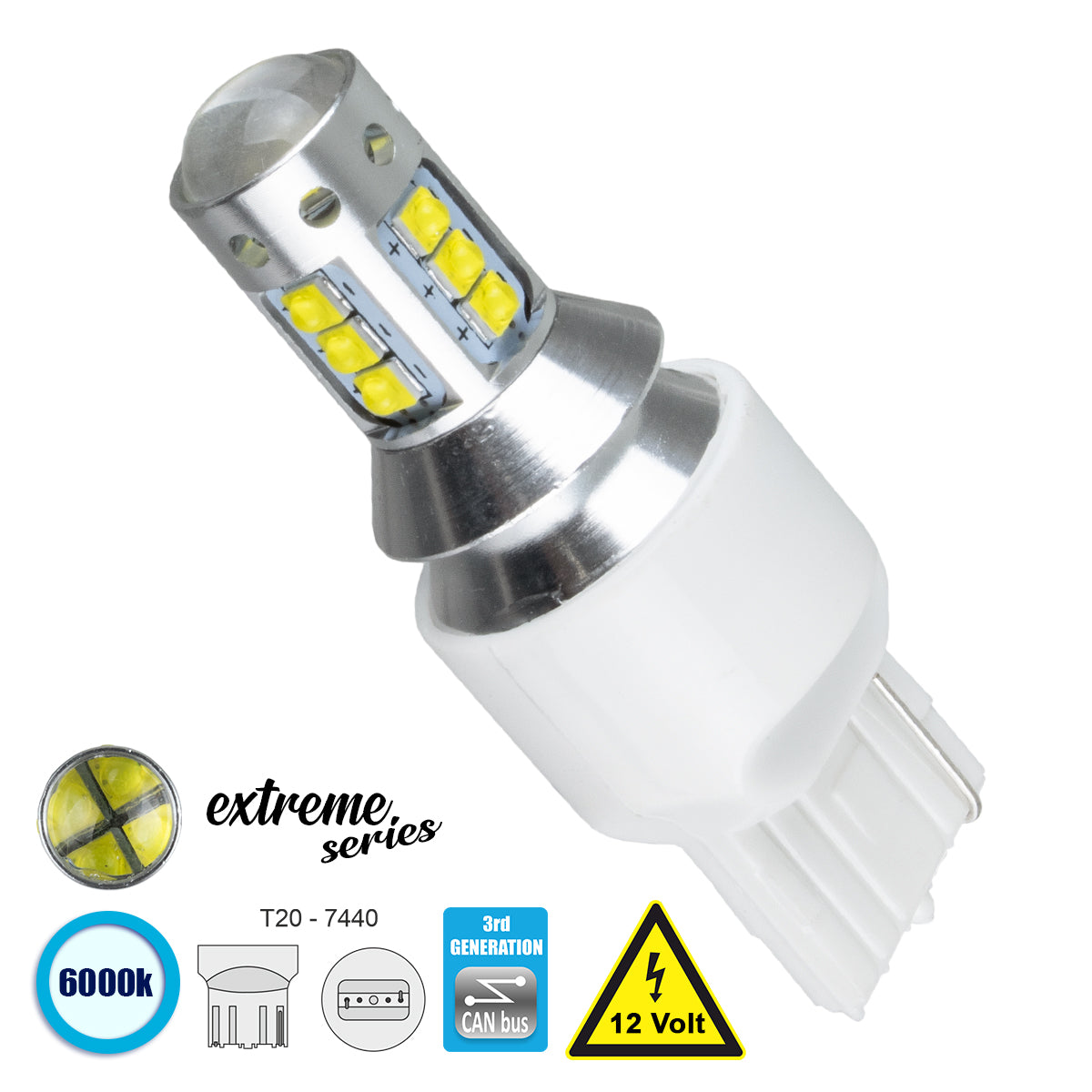 GloboStar® 81165 Λάμπα Αυτοκίνητου T20 - 7440 - W21W 3rd Generation Can-Bus Extreme Series LED 16 CREE XBD 15W 2115lm 360° DC 12V IP20 Ψυχρό Λευκό 6000K - ledmania.gr