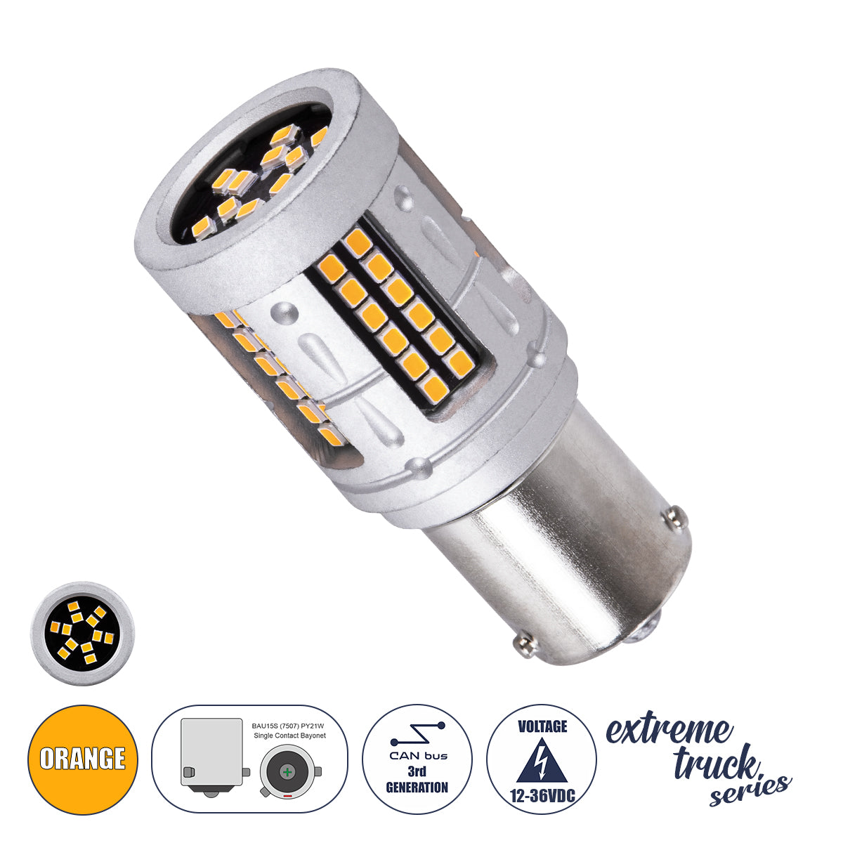 GLOBOSTAR® PY21W-1156 81279 Λάμπα PY21W 1156 BAU15S CANbus LED 7W 1325lm 360° DC 12-36V IP20 Πορτοκαλί - 84 x Epistar SMD2016 Chip - Μ2 x Π2 x Υ5cm - 1 Χρόνο Εγγύηση - ledmania.gr