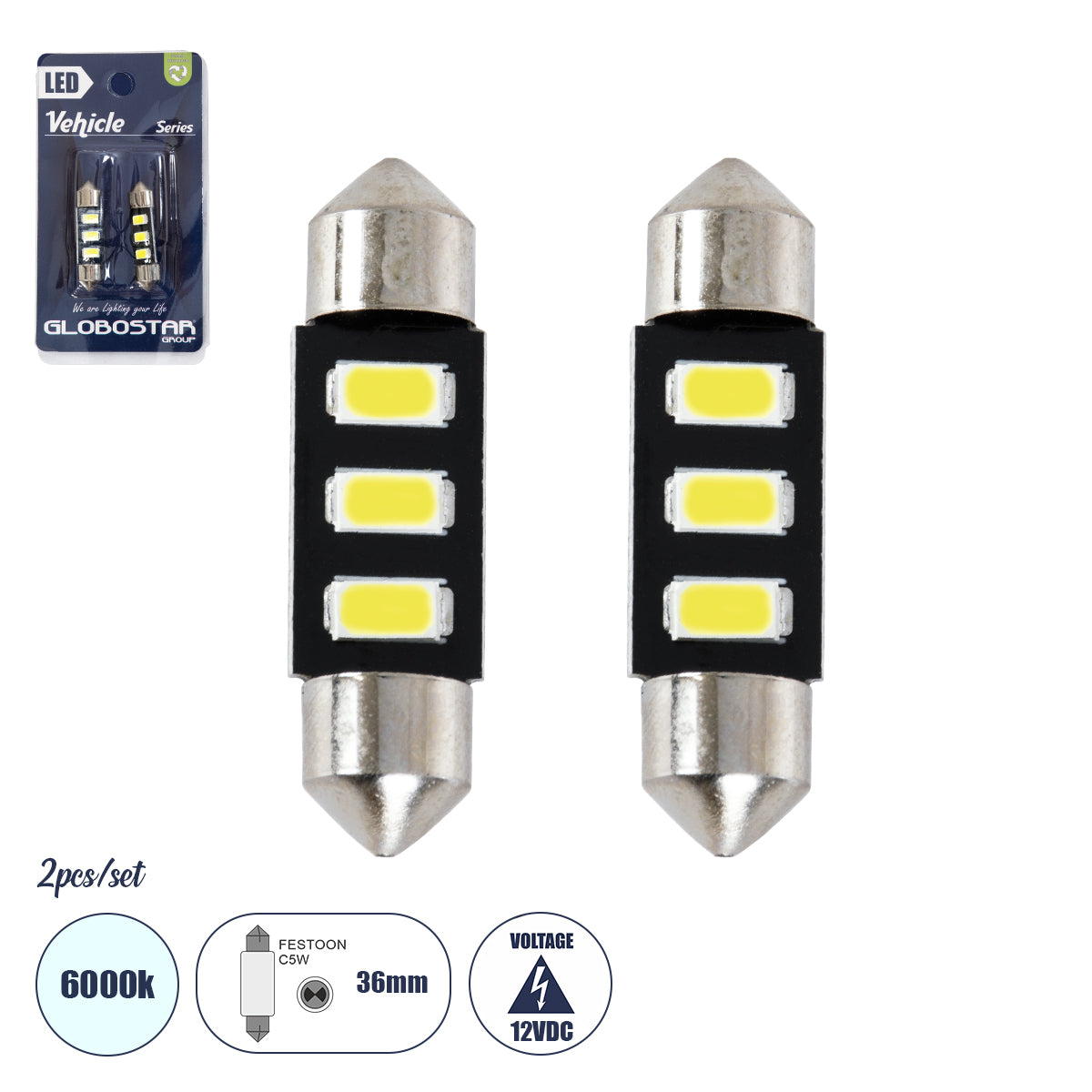 GLOBOSTAR® C5W 81302-B Σωληνωτή Λάμπα C5W 36mm LED 0.4W/0.8W 60lm/120lm 120° DC 12V IP20 Ψυχρό Λευκό 6000K - 3 x Epistar SMD5630 Chip - Μ3.6 x Π0.9 x Υ0.9cm - Πακέτο Blister 2 Τεμαχίων - 1 Χρόνο Εγγύηση - ledmania.gr