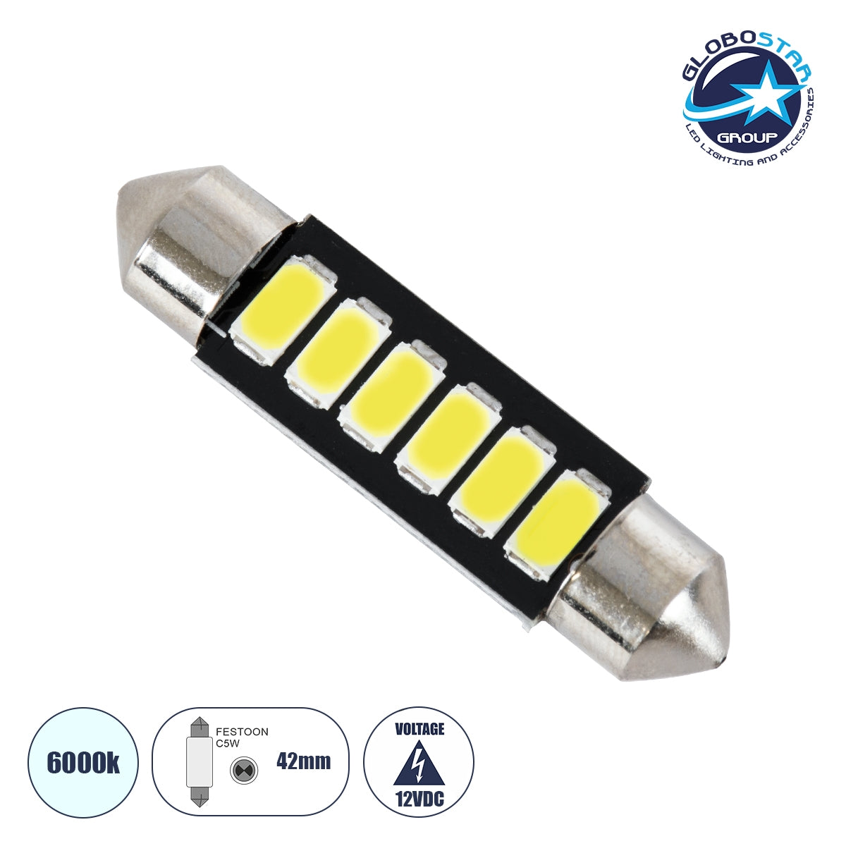 GloboStar® 81304 Λάμπα Αυτοκινήτου LED 42mm FESTOON - C5W 6xSMD5630 3W 450lm 120° DC 12-16V IP20 Μ4.2 x Π1.6 x Υ0.9cm Ψυχρό Λευκό 6000K - ledmania.gr
