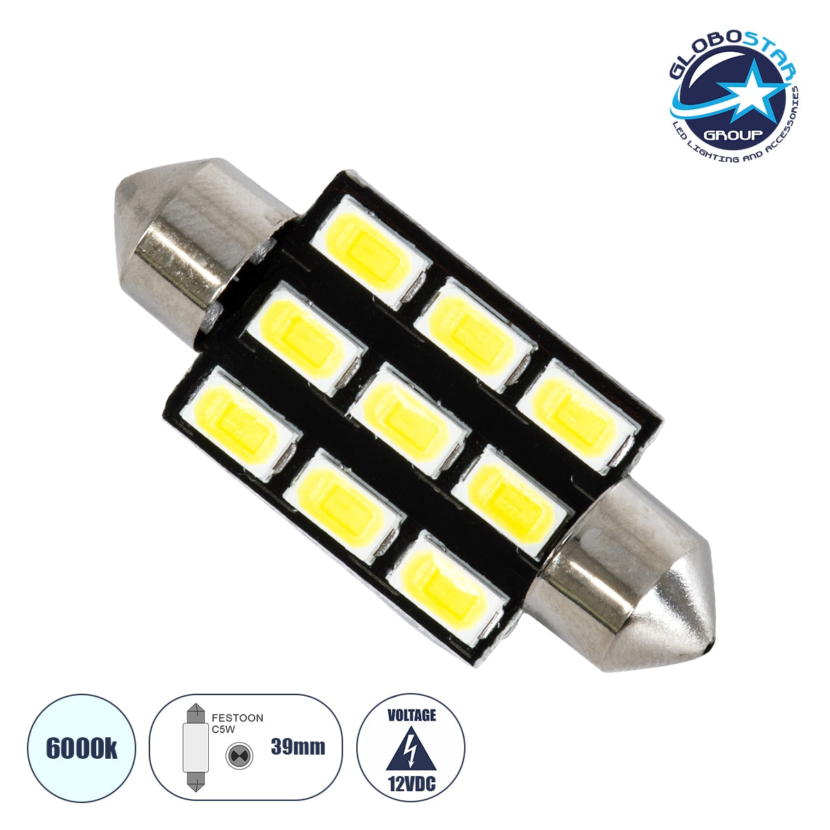 GloboStar® 81307 Λάμπα Αυτοκινήτου LED 39mm FESTOON - C5W 9xSMD5630 4.5W 675lm 120° DC 12-16V IP20 Μ3.9 x Π1.2 x Υ1.2cm Ψυχρό Λευκό 6000K - ledmania.gr