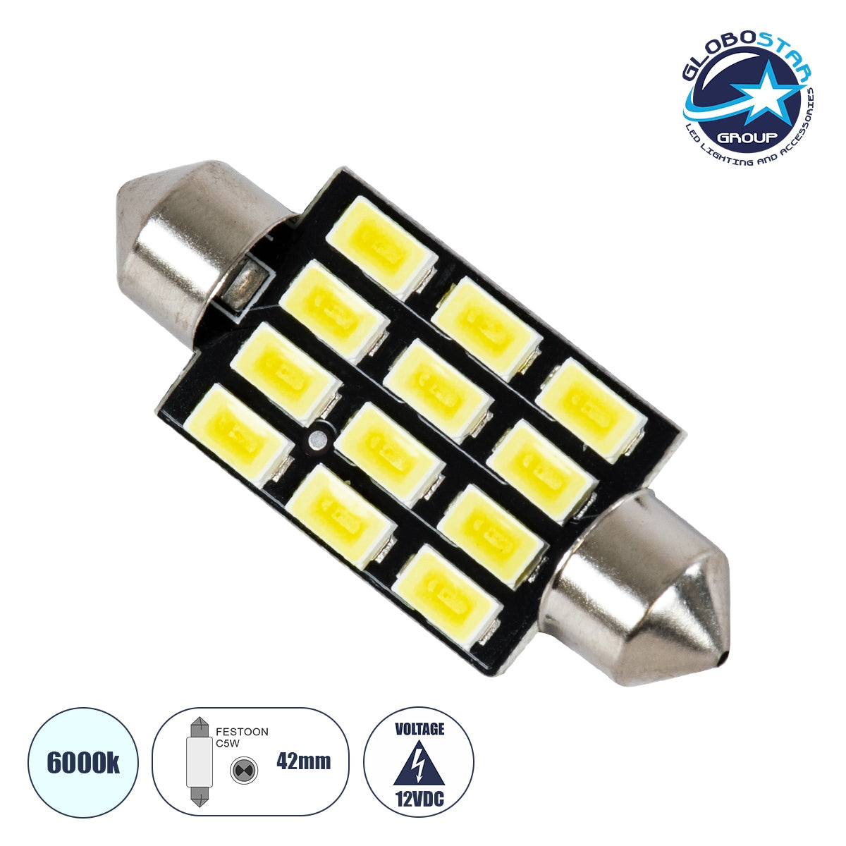 GloboStar® 81308 Λάμπα Αυτοκινήτου LED 42mm FESTOON - C5W 12xSMD5630 6W 900lm 120° DC 12-16V IP20 Μ4.2 x Π1.2 x Υ1.2cm Ψυχρό Λευκό 6000K - ledmania.gr