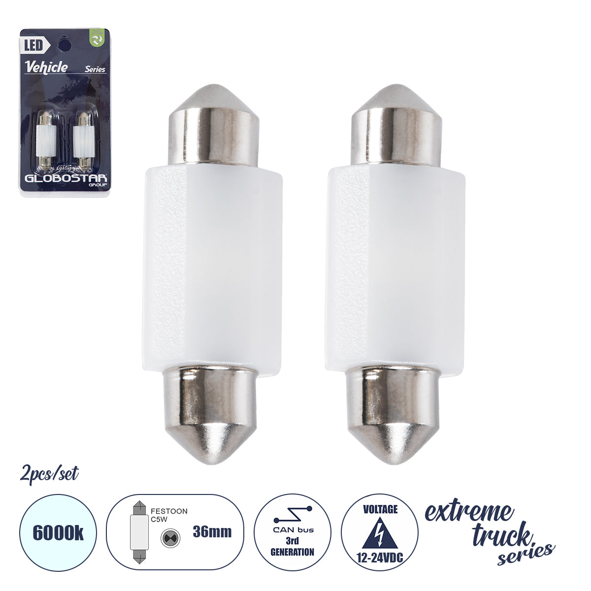 GLOBOSTAR® C5W 81333-B Σωληνωτή Λάμπα C5W 36mm CANbus LED 1.9W/3.8W 285lm/570lm 120° DC 12-24V IP20 Ψυχρό Λευκό 6000K - 2 x Epistar SMD3030 Chip - Μ3.6 x Π1.2 x Υ1cm - Πακέτο Blister 2 Τεμαχίων - 1 Χρόνο Εγγύηση - ledmania.gr