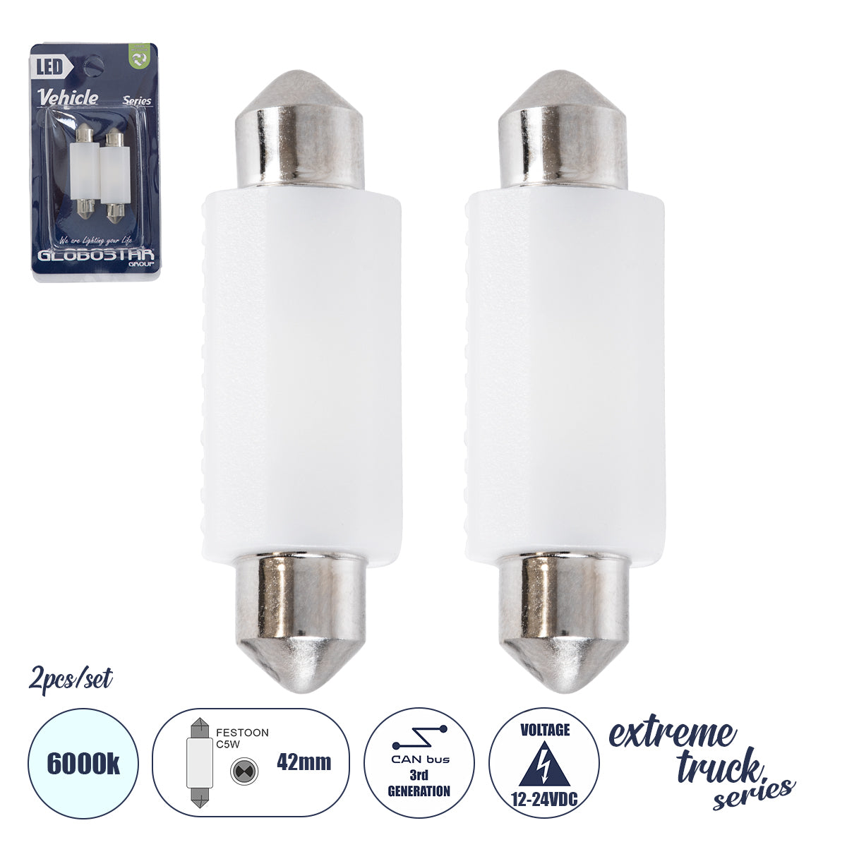 GLOBOSTAR® C5W 81335-B Σωληνωτή Λάμπα C5W 42mm CANbus LED 1.9W/3.8W 285lm/570lm 120° DC 12-24V IP20 Ψυχρό Λευκό 6000K - 2 x Epistar SMD3030 Chip - Μ4.2 x Π1.2 x Υ1cm - Πακέτο Blister 2 Τεμαχίων - 1 Χρόνο Εγγύηση - ledmania.gr