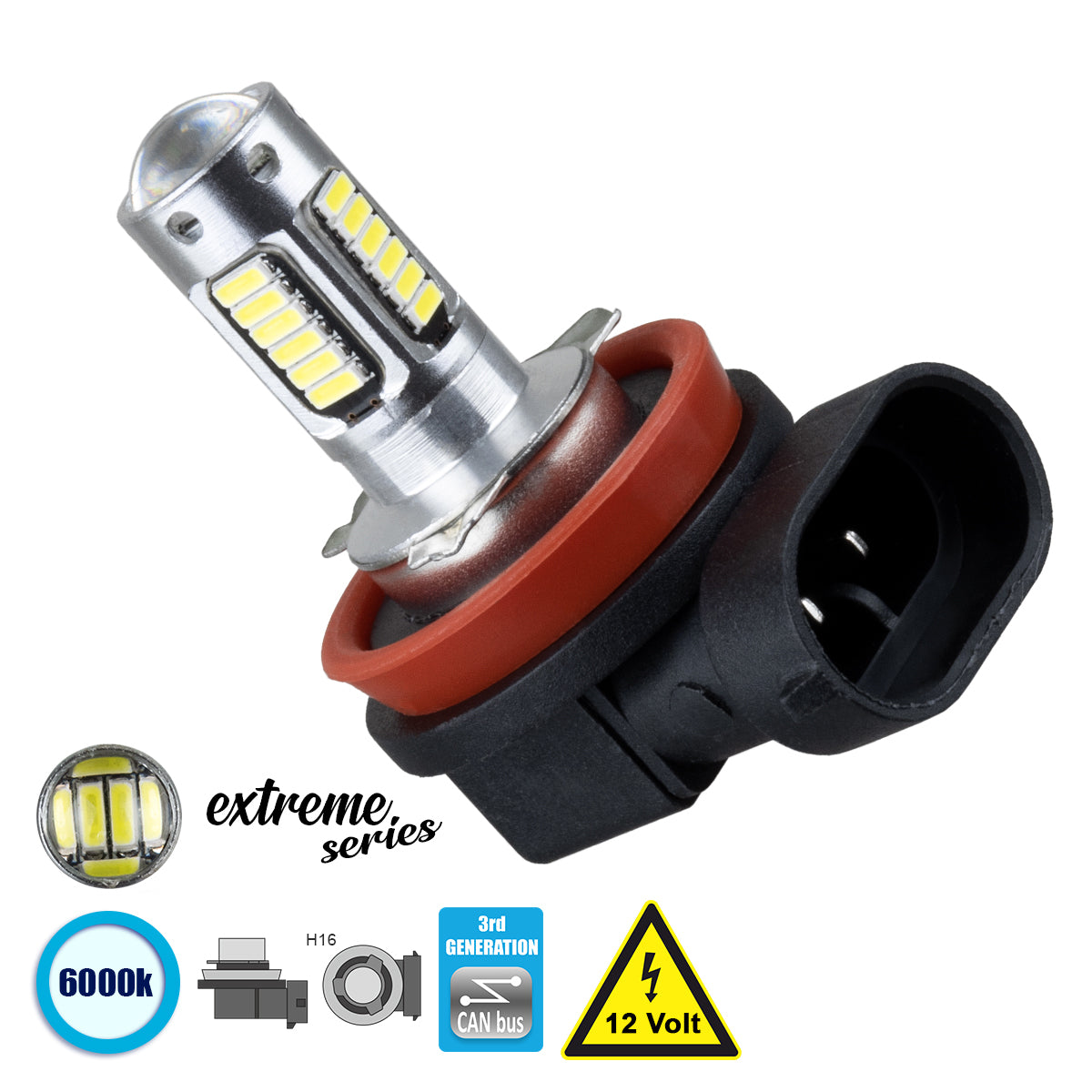 GloboStar® 81419 Λάμπα Αυτοκίνητου H16 3rd Generation Can-Bus Extreme Series LED 30 SMD 4014 6W 900lm 360° DC 12V IP20 Ψυχρό Λευκό 6000K - ledmania.gr