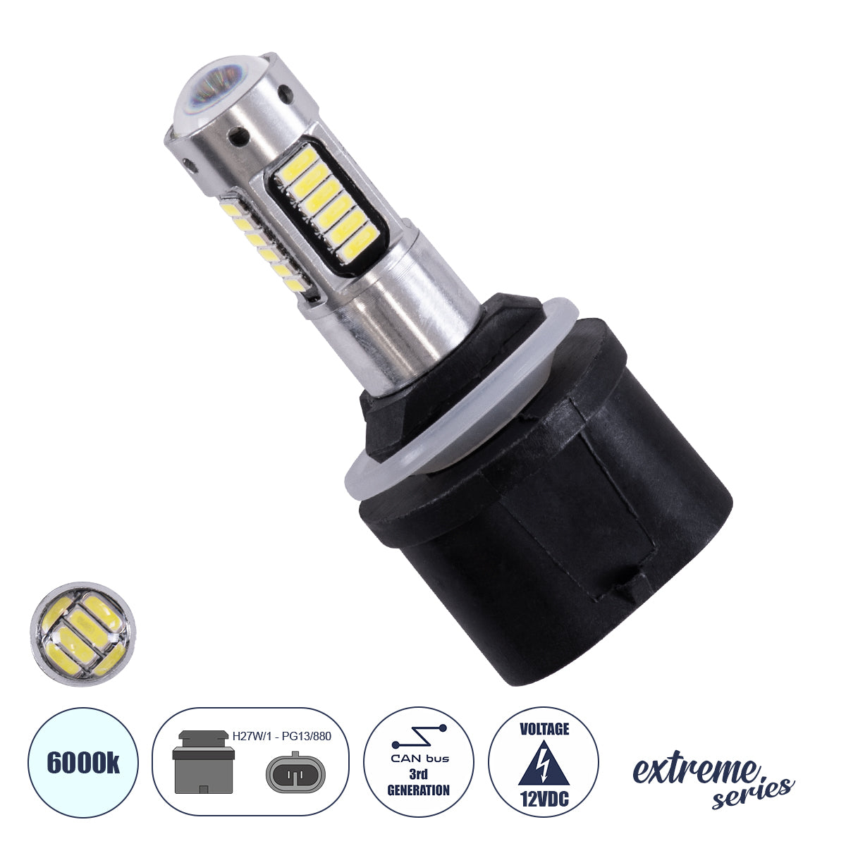 GLOBOSTAR® H27W/1 81455 Λάμπα H27W/1 PG13/880 CANbus LED 9W 1080lm 360° DC 12V IP20 Ψυχρό Λευκό 6000K - 30 x Epistar SMD4014 Chip - Μ2.6 x Π2.6 x Υ5.7cm - 1 Χρόνο Εγγύηση - ledmania.gr