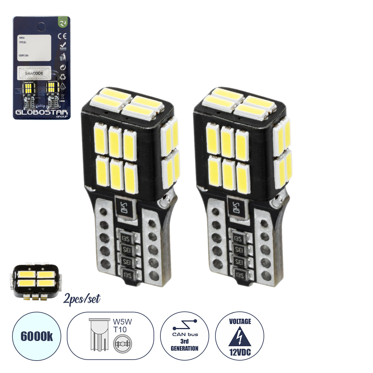 GLOBOSTAR® W5W-T10 81475-B Λάμπα W5W T10 CANbus LED 2.4W/4.8W 320lm/640lm 360° DC 12V IP20 Ψυχρό Λευκό 6000K - 24 x Epistar SMD4014 Chip - Μ1.1 x Π1.1 x Υ2.5cm - Πακέτο Blister 2 Τεμαχίων - 1 Χρόνο Εγγύηση - ledmania.gr
