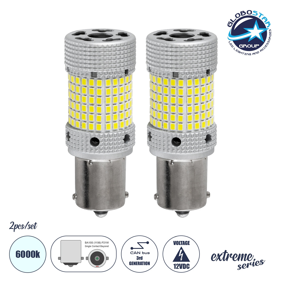 GloboStar® 81476-B Λάμπες Αυτοκινήτου LED 1156 - BA15S - P21W 3rd Generation Can-Bus Extreme Series 150xSMD2016 28W 3360lm 360° DC 12-16V IP20 Φ2.1 x Υ5.5cm Ψυχρό Λευκό 6000K - Σετ 2 Τεμαχίων σε Box - ledmania.gr