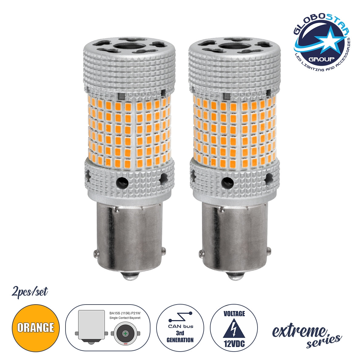 GloboStar® 81477-B Λάμπες Αυτοκινήτου LED 1156 - BA15S - P21W 3rd Generation Can-Bus Extreme Series 150xSMD2016 28W 2240lm 360° DC 12-16V IP20 Φ2.1 x Υ5.5cm Πορτοκαλί - Σετ 2 Τεμαχίων σε Box - ledmania.gr