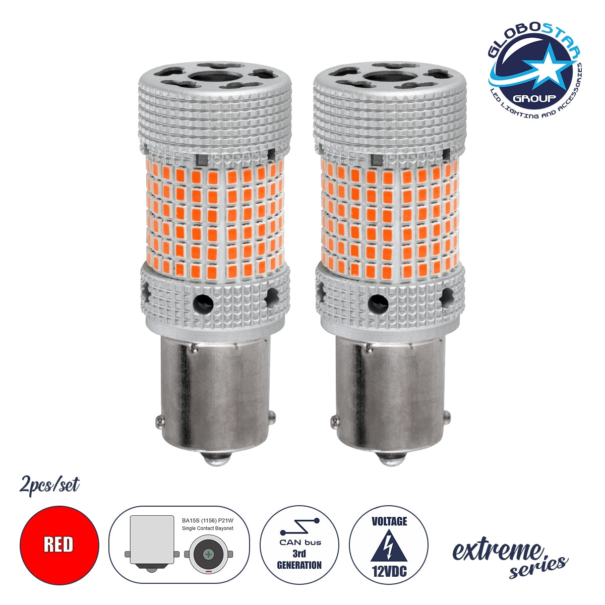 GloboStar® 81478-B Λάμπες Αυτοκινήτου LED 1156 - BA15S - P21W 3rd Generation Can-Bus Extreme Series 150xSMD2016 28W 2240lm 360° DC 12-16V IP20 Φ2.1 x Υ5.5cm Κόκκινο - Σετ 2 Τεμαχίων σε Box - ledmania.gr