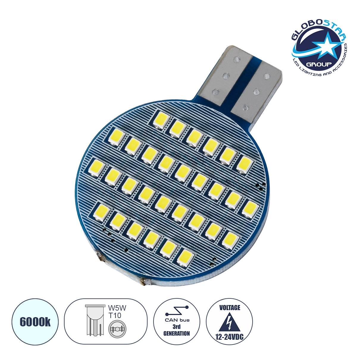 GloboStar® 81481 Λάμπα Αυτοκινήτου LED T10 W5W 3rd Generation Can-Bus 30xSMD2016 4.55W 546lm 120° DC 12-24V IP20 Μ2.7 x Π0.9 x Υ3.7cm Ψυχρό Λευκό 6000K - ledmania.gr