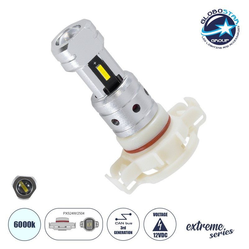 GloboStar® 81507 Λάμπα Αυτοκινήτου & Μοτοσυκλέτας LED PXS24W/2504 3rd Generation Can-Bus Extreme Series 5xSMD1860 CSP 8.5W 1200lm 360° DC 12V IP20 - Μ4 x Π2.8 x Υ6cm Λευκό - Ψυχρό Λευκό 6000K - 2 Χρόνια Εγγύηση - ledmania.gr