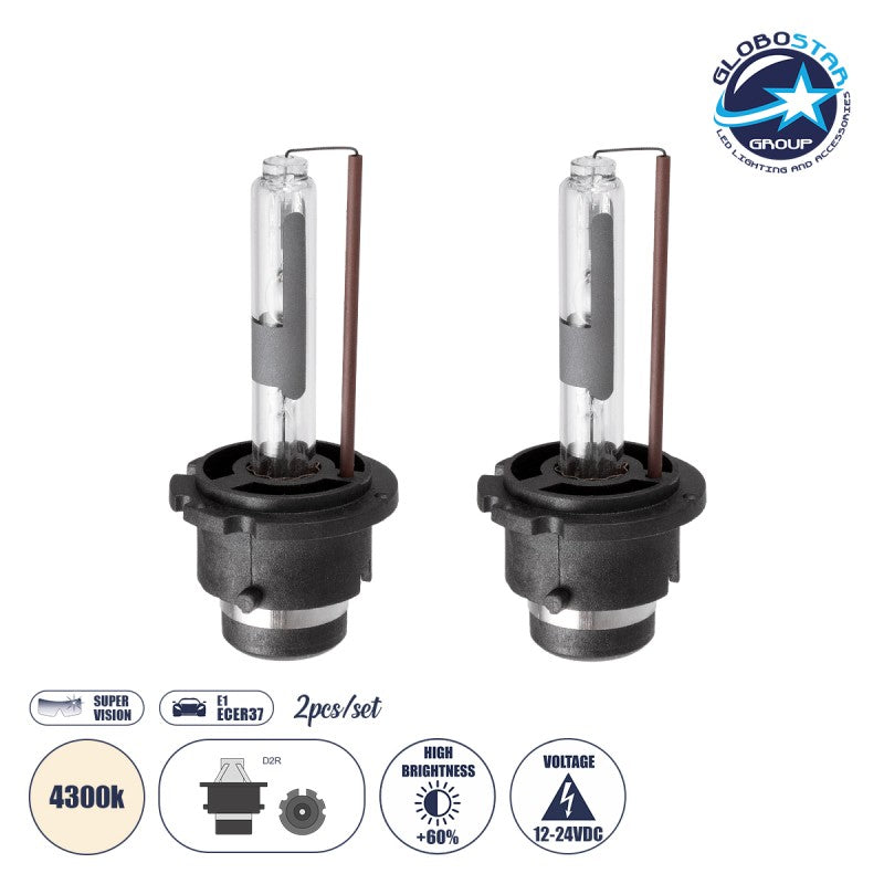 GLOBOSTAR® HID 84025 Λάμπα Xenon D2R Super Vision Υψηλής Φωτεινότητας +60% CANbus E1 ECER37 55W/110W 5000lm/10000lm 360° DC 12-24V Αδιάβροχο IP65 Φυσικό Λευκό 4300K - Μ3.2 x Π3.2 x Υ7.5cm - Πακέτο 2 Τεμαχίων - 2 Χρόνια Εγγύηση - ledmania.gr