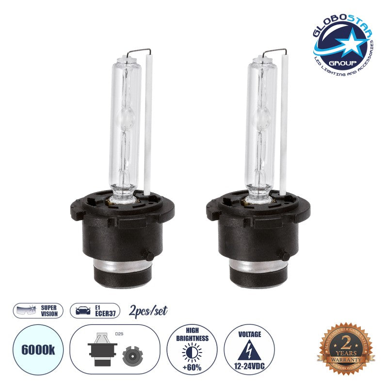 GLOBOSTAR® HID 84032 Λάμπα Xenon D2S/D2C Super Vision Υψηλής Φωτεινότητας +60% CANbus E1 ECER37 55W/110W 5000lm/10000lm 360° DC 12-24V Αδιάβροχο IP65 Ψυχρό Λευκό 6000K - Μ3.2 x Π3.2 x Υ7.5cm - Πακέτο 2 Τεμαχίων - 2 Χρόνια Εγγύηση - ledmania.gr