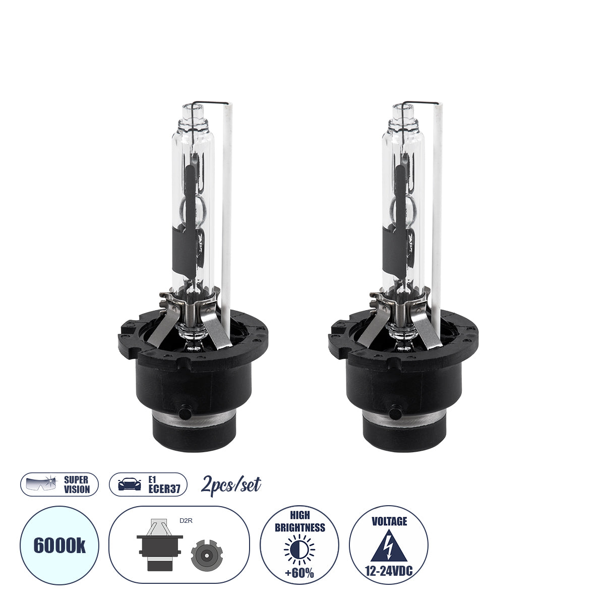 GLOBOSTAR® HID 84033 Λάμπα Xenon D2R Super Vision Υψηλής Φωτεινότητας +60% CANbus E1 ECER37 55W/110W 5000lmΨυχρό Λευκό 6000K - Μ3.2 x Π3.2 x Υ7.5cm - Πακέτο 2 Τεμαχίων - 2 Χρόνια Εγγύηση - ledmania.gr