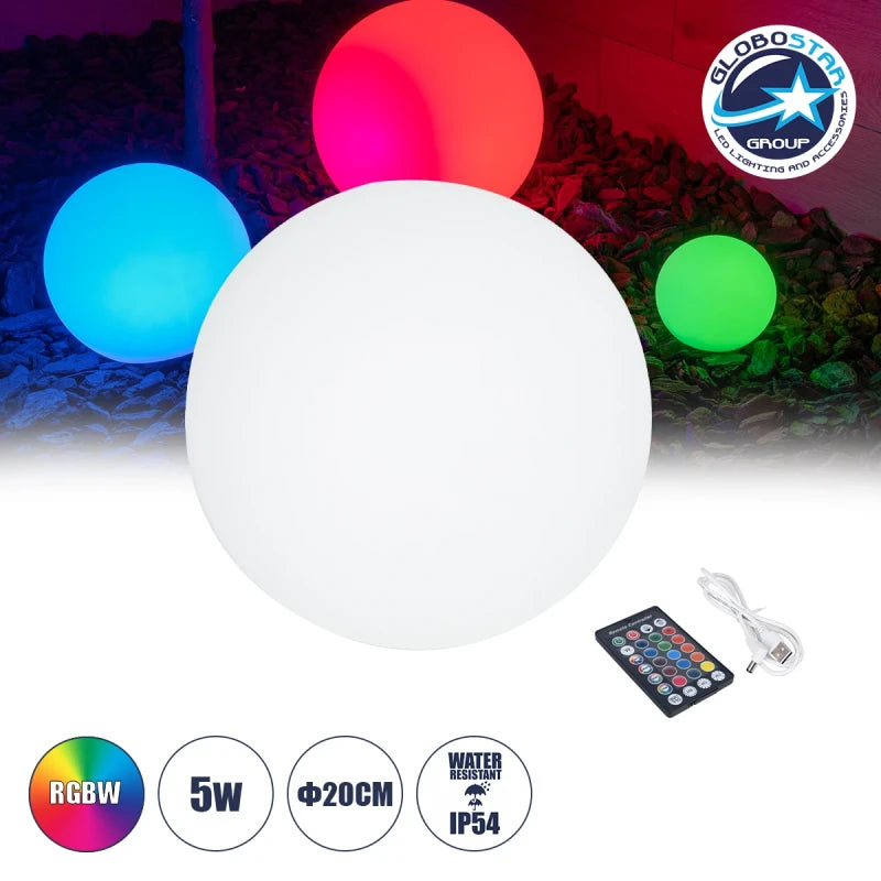 GloboStar® 85362 Ακρυλικό Φωτιστικό Μπάλα Εξωτερικού Χώρου - Πισίνας LED Globe 5W Φ20 Επαναφορτιζόμενο Μπαταρίας με Καλώδιο USB - Φορτιστή και Ασύρματο Χειριστήριο IR Αδιάβροχο IP68 Πολύχρωμο RGBW
