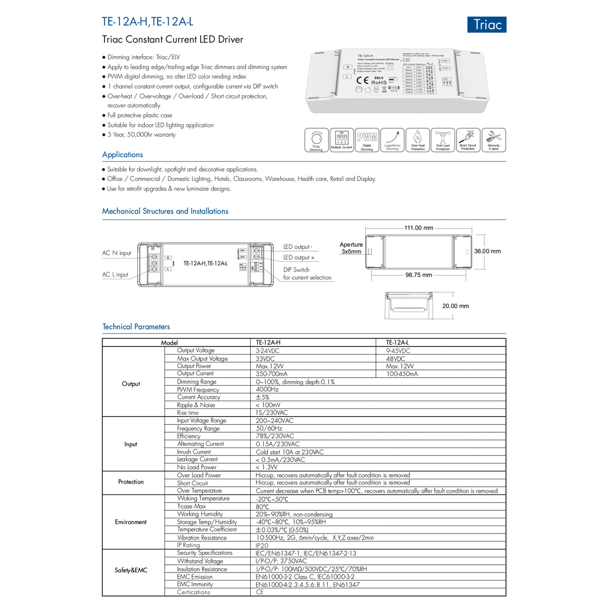 GloboStar® 73131 TE-12A-H SKYDANCE AC Triac Dimmable Constant Current LED Driver 1 Κανάλι AC 200-240V 1 x 0.15A 12W - Max 0.15A 12W - IP20 Μ11.1 x Π3.7 x Υ2cm - 5 Χρόνια Εγγύηση - ledmania.gr
