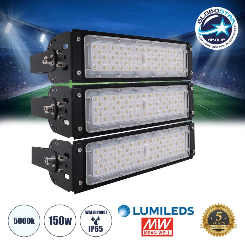 GLOBOSTAR® GOLIATH 90100-3 Προβολέας για Γήπεδα Tennis & Ποδοσφαίρου 5x5 LED 150W 22500lm 75°x135° SDCM<5 Fish Eye Lens AC 220-240V Αδιάβροχο IP65 IK08 Φυσικό Λευκό 5000K - Lumileds SMD Chip & Mean Well Driver - Μαύρο Ματ - Μ32 x Π12 x Υ27cm - 5 Χρόνια...