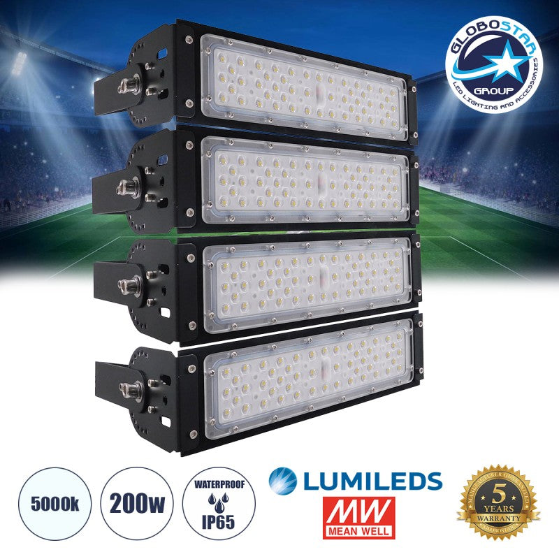 GLOBOSTAR® GOLIATH 90100-4 Προβολέας για Γήπεδα Tennis & Ποδοσφαίρου 5x5 LED 200W 30000lm 75°x135° SDCM<5 Fish Eye Lens AC 220-240V Αδιάβροχο IP65 IK08 Φυσικό Λευκό 5000K - Lumileds SMD Chip & Mean Well Driver - Μαύρο Ματ - Μ32 x Π12 x Υ36cm - 5 Χρόνια...