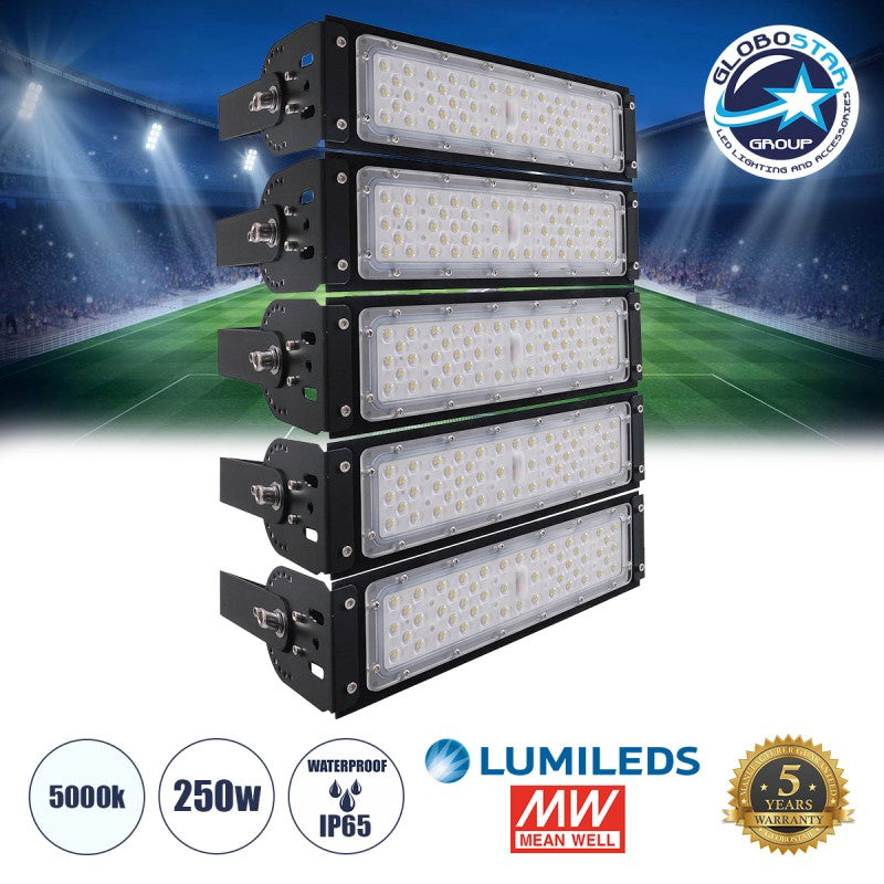 GLOBOSTAR® GOLIATH 90100-5 Προβολέας για Γήπεδα Tennis & Ποδοσφαίρου 5x5 LED 250W 37500lm 75°x135° SDCM<5 Fish Eye Lens AC 220-240V Αδιάβροχο IP65 IK08 Φυσικό Λευκό 5000K - Lumileds SMD Chip & Mean Well Driver - Μαύρο Ματ - Μ32 x Π12 x Υ45cm - 5 Χρόνια...