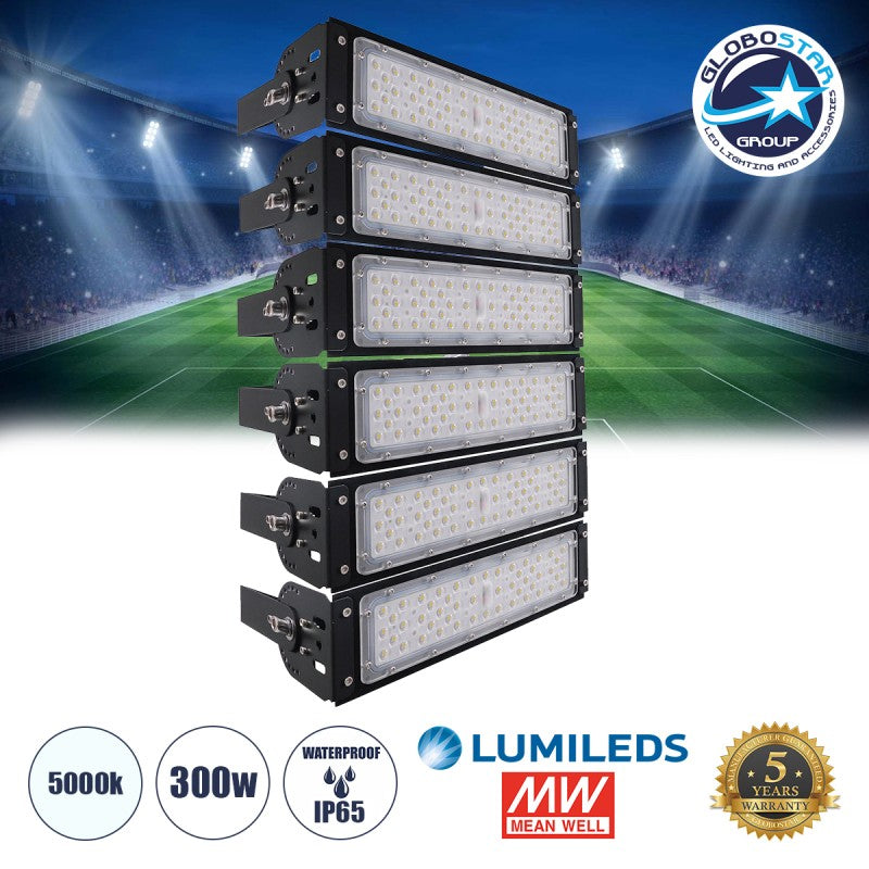 GLOBOSTAR® GOLIATH 90100-6 Προβολέας για Γήπεδα Tennis & Ποδοσφαίρου 5x5 LED 300W 45000lm 75°x135° SDCM<5 Fish Eye Lens AC 220-240V Αδιάβροχο IP65 IK08 Φυσικό Λευκό 5000K - Lumileds SMD Chip & Mean Well Driver - Μαύρο Ματ - Μ32 x Π12 x Υ54cm - 5 Χρόνια...