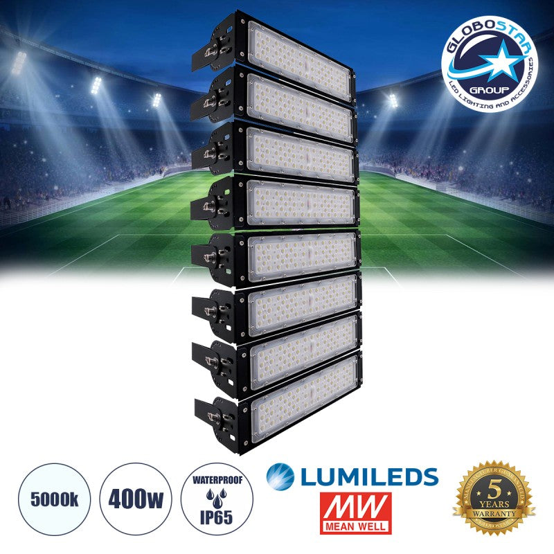 GLOBOSTAR® GOLIATH 90100-8 Προβολέας για Γήπεδα Tennis & Ποδοσφαίρου 5x5 LED 400W 60000lm 75°x135° SDCM<5 Fish Eye Lens AC 220-240V Αδιάβροχο IP65 IK08 Φυσικό Λευκό 5000K - Lumileds SMD Chip & Mean Well Driver - Μαύρο Ματ - Μ32 x Π12 x Υ72cm - 5 Χρόνια...