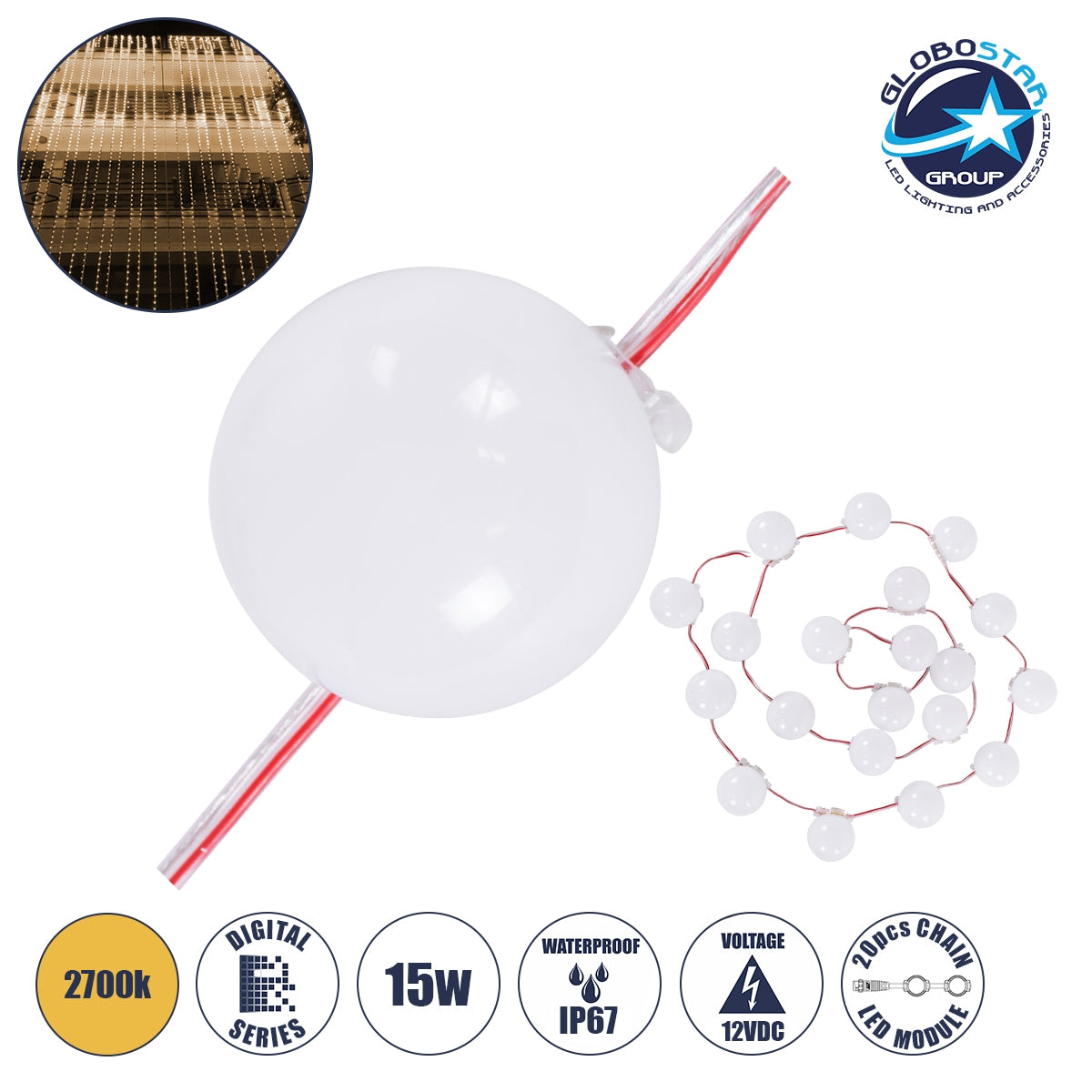 GloboStar® 90259 Digital Pixel Addressable Facade Module Chain String with 20 Spots - Ψηφιακή Αλυσίδα Γιρλάντα με 20 Σποτ LED SMD 3535 15W 20LED 20PIXEL SPI/TTL Protocol IC UCS512B 1200lm 240° DC 12V IP67 Θερμό Λευκό 2700K - Λευκό Σώμα - Μ200 x Π5 x Υ5cm - ledmania.gr