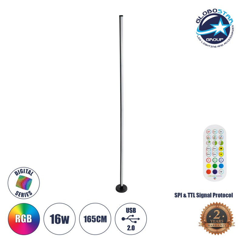 GLOBOSTAR® DIGICOLUMN 90764 Μοντέρνο Επιδαπέδιο Γραμμικό Ψηφιακό Φωτιστικό Digital Pixel Symphony Bar με RF Ασύρματο Χειριστήριο LED 16W 1280lm 180° DC 5V με USB 2.0 IP20 Πολύχρωμο RGB Dimmable - Μαύρο - Φ3 x Υ165cm - 2 Χρόνια Εγγύηση - ledmania.gr