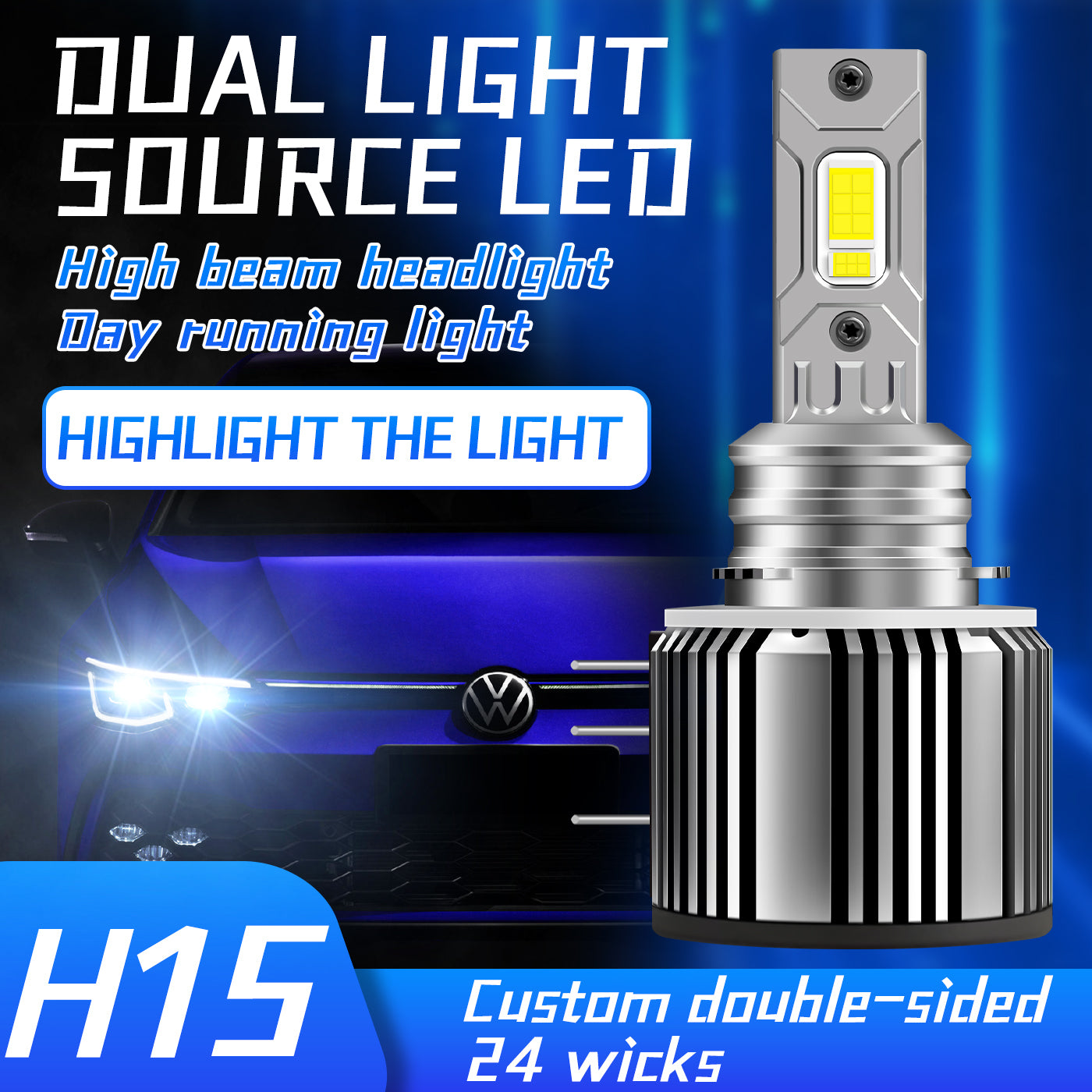 H15 LED Headlight 90W 6000K – Canbus, 12V, High Beam & DRL, 3570 Chip