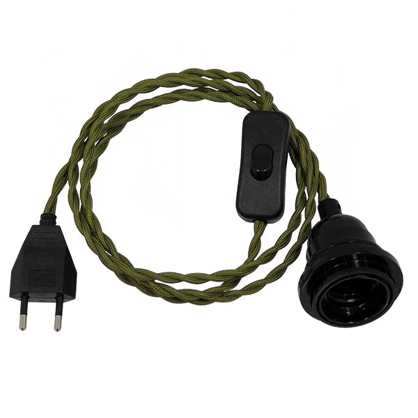 GLOBOSTAR® WHIP 91031 Μοντέρνο DIY Φωτιστικό με Πλεκτό Καλώδιο, Ντουί 1 x E27, Διακόπτη On/Off & Πρίζα AC 220-240V IP20 - Χακί & Μαύρο - Μ150 x Π5.8 x Υ5.8cm