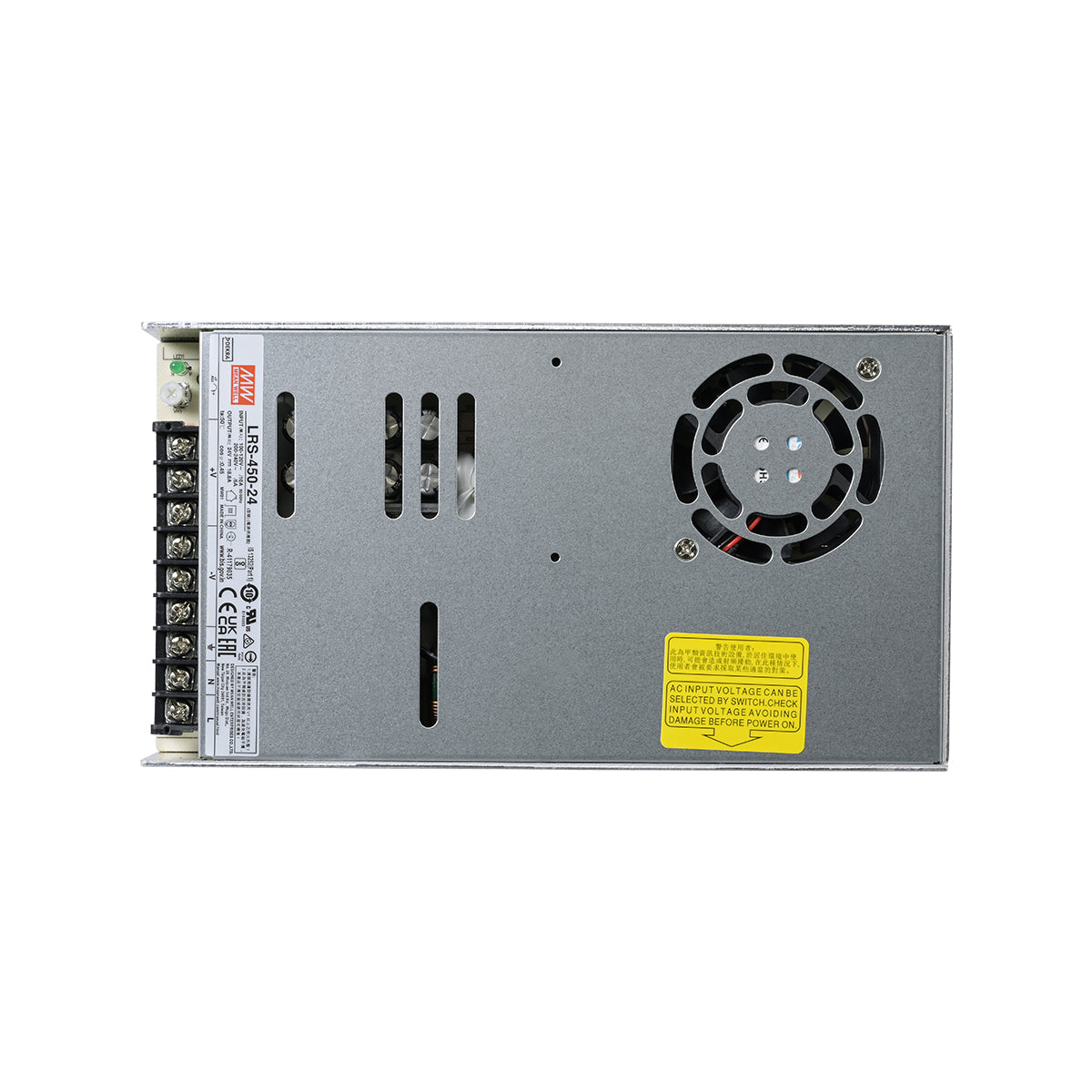 GLOBOSTAR® MEANWELL-LRS450-24 90787 Τροφοδοτικό/Μετασχηματιστής PELV 450W 18.8A DC 24V IP20 - AC 220-240V σε DC 24V / Ρυθμιζόμενo από DC 21.6V έως DC 28.8V - Μ22.5 x Π12.4 x Υ3.5cm - 3 Χρόνια Εγγύηση