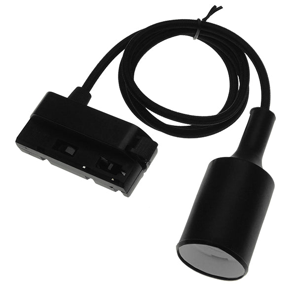 GloboStar S-40056 Διφασικός Connector 3 Καλωδίων με 1 Μέτρο Υφασμάτινο Καλώδιο και Ντουί E27 για Μαύρη Ράγα Οροφής - ledmania.gr