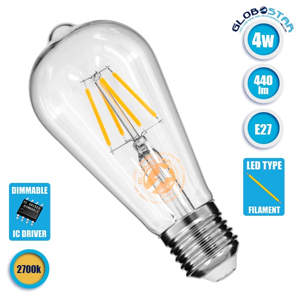 GloboStar® 99015 Λάμπα E27 ST64 Αχλάδι LED FILAMENT 4W 440 lm 320° AC 85-265V Edison Retro με Διάφανο Γυαλί Θερμό Λευκό 2700 K Dimmable - ledmania.gr