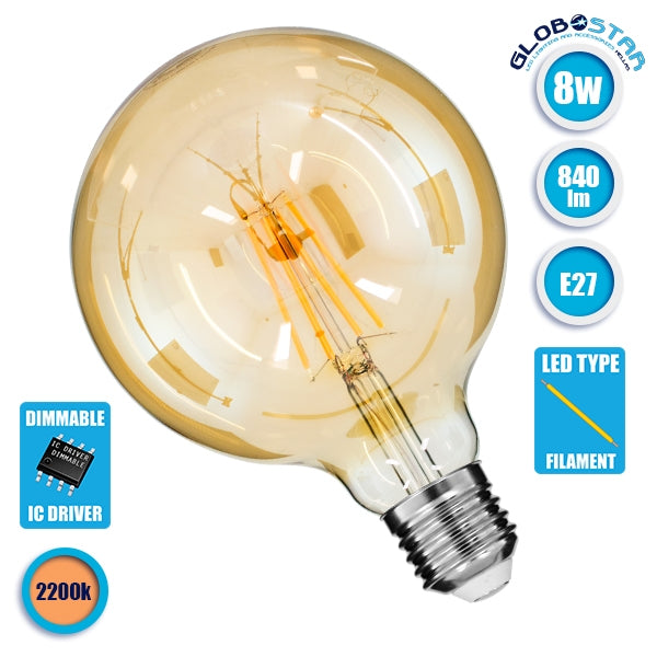 GloboStar® 99043 Λάμπα E27 G125 Γλόμπος LED LONG FILAMENT 8W 840 lm 320° AC 85-265V Edison Retro με Μελί Γυαλί Ultra Θερμό Λευκό 2200 K Dimmable - ledmania.gr
