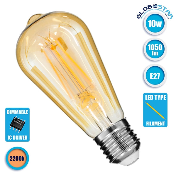 GloboStar® 99047 Λάμπα E27 ST64 Αχλάδι LED LONG FILAMENT 10W 1050 lm 320° AC 85-265V Edison Retro με Μελί Γυαλί Ultra Θερμό Λευκό 2200 K Dimmable - ledmania.gr