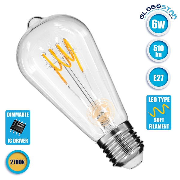 GloboStar® 99140 Λάμπα E27 ST64 Αχλάδι LED SOFT T SPIRAL FILAMENT 6W 510 lm 320° AC 85-265V Edison Retro με Διάφανο Γυαλί Θερμό Λευκό 2700 K Dimmable - ledmania.gr