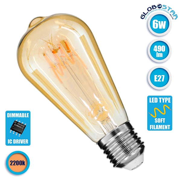 GloboStar® 99141 Λάμπα E27 ST64 Αχλάδι LED SOFT T SPIRAL FILAMENT 6W 490 lm 320° AC 85-265V Edison Retro με Μελί Γυαλί Ultra Θερμό Λευκό 2200 K Dimmable - ledmania.gr